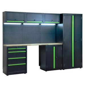 Jefferson Modular Storage System Combo with LED Lights - Lockable Units & Wooden Work Bench
