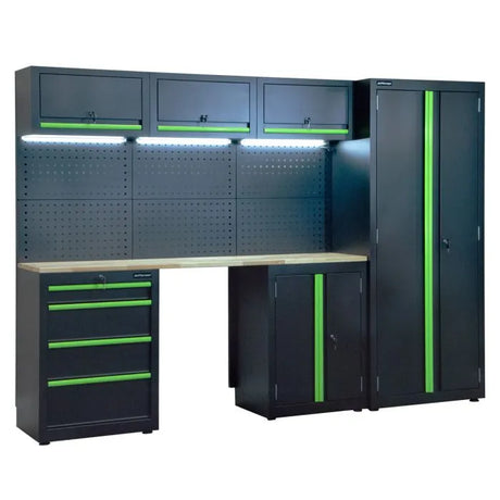 Jefferson Modular Storage System Combo with LED Lights - Lockable Units & Wooden Work Bench
