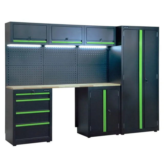 Jefferson Modular Storage System Combo with LED Lights - Lockable Units & Wooden Work Bench