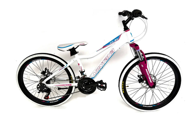 Montana Fitness 20 Inch Kids Mountain Bike - White/Pink/Blue | Alloy Frame & Shimano Gears