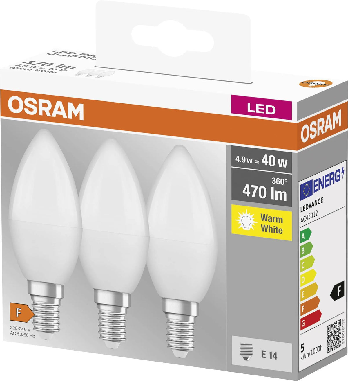 Osram 4052899955509 LED (monochrome) EEC F (A - G) E14 Candle shape 4.9 W = 40 W Warm white (Ø x L) 38 mm x 105 mm 3 pc