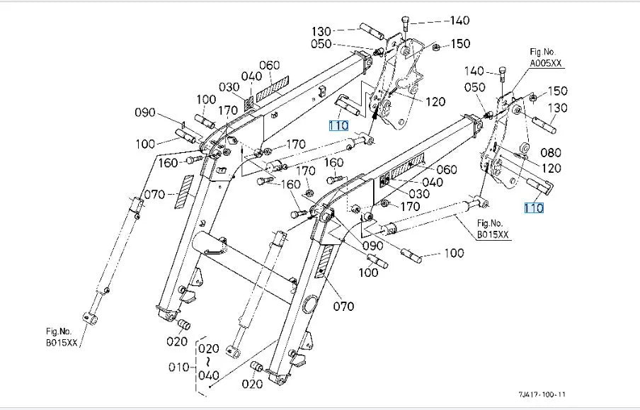 Kubota Pin(4), Lift Ram Lower for loader LA1153EC, LA1154EC, LA1353EC, LA1354EC, LA1365EC, LA1403EC, LA1854EC - 7J41958740