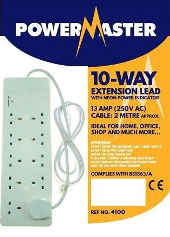PowerMaster 10 Gang 2 m 13 Amp Extension Lead - 10‑Outlet Power Strip (4100)
