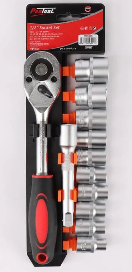 Protool 1/2" Drive Socket Set on Rail PTSS1005 - Metric Socket Set with Quick Ratchet