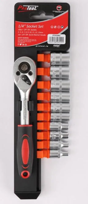 Protool 1/4" Drive Socket Set on Rail PTSS1001 - 11pc Metric with Quick Ratchet