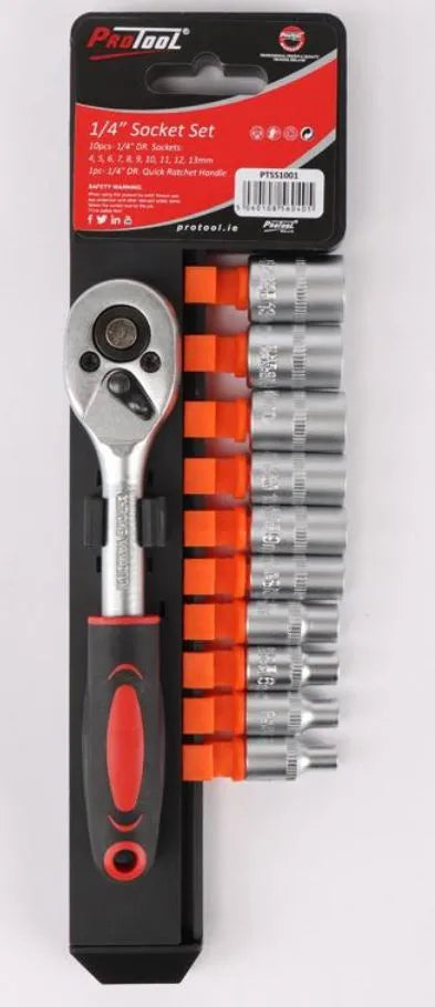 Protool 1/4" Drive Socket Set on Rail PTSS1001 - 11pc Metric with Quick Ratchet