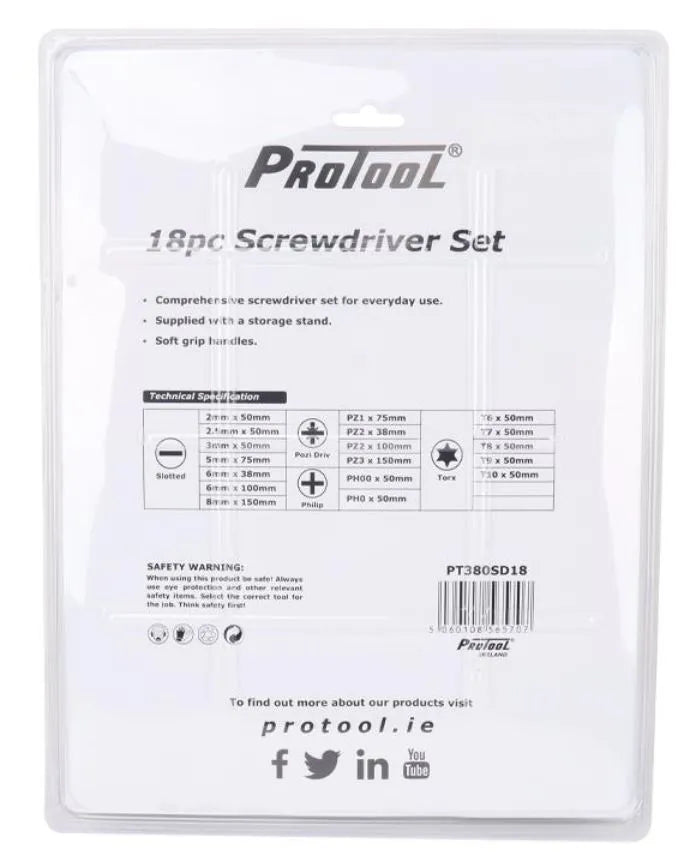 Protool 18pc Screwdriver Kit in Case PT380SD18 - Precision Drivers with Storage Box