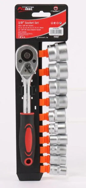 Protool 3/8" Drive Socket Set on Rail PTSS1007 - 11pc Metric with Quick Ratchet
