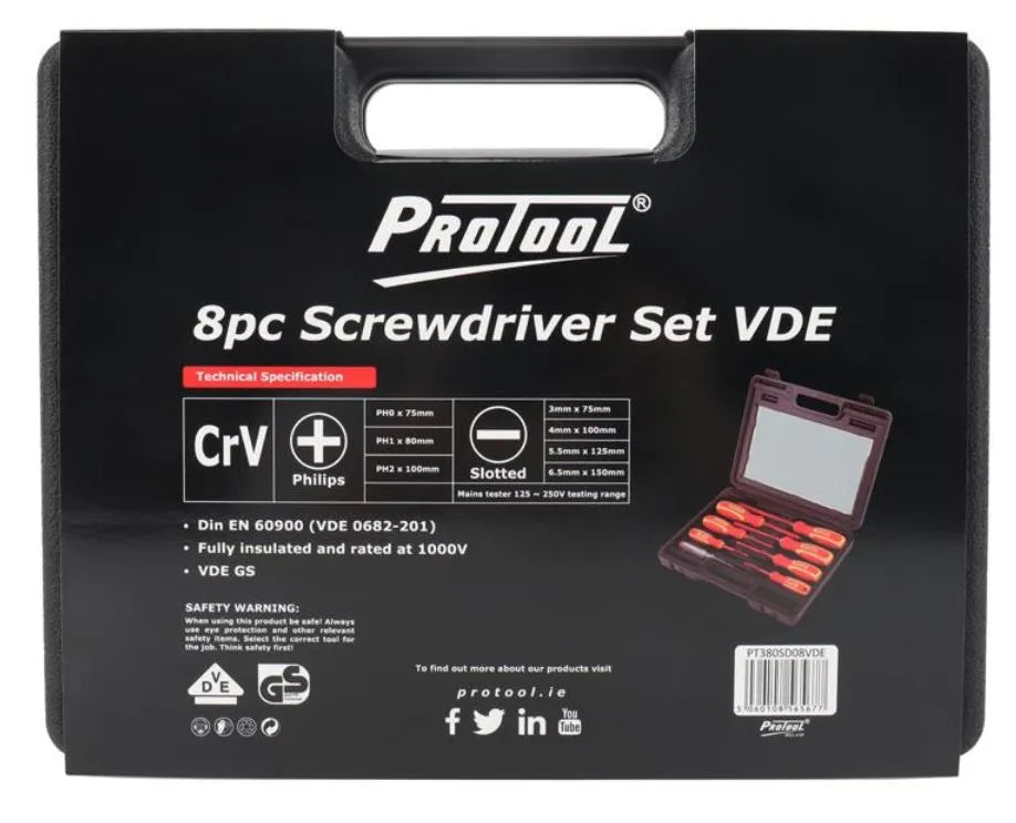 Protool 8pc VDE Screwdriver Set PT380SD08VDE - Insulated Electricians Drivers