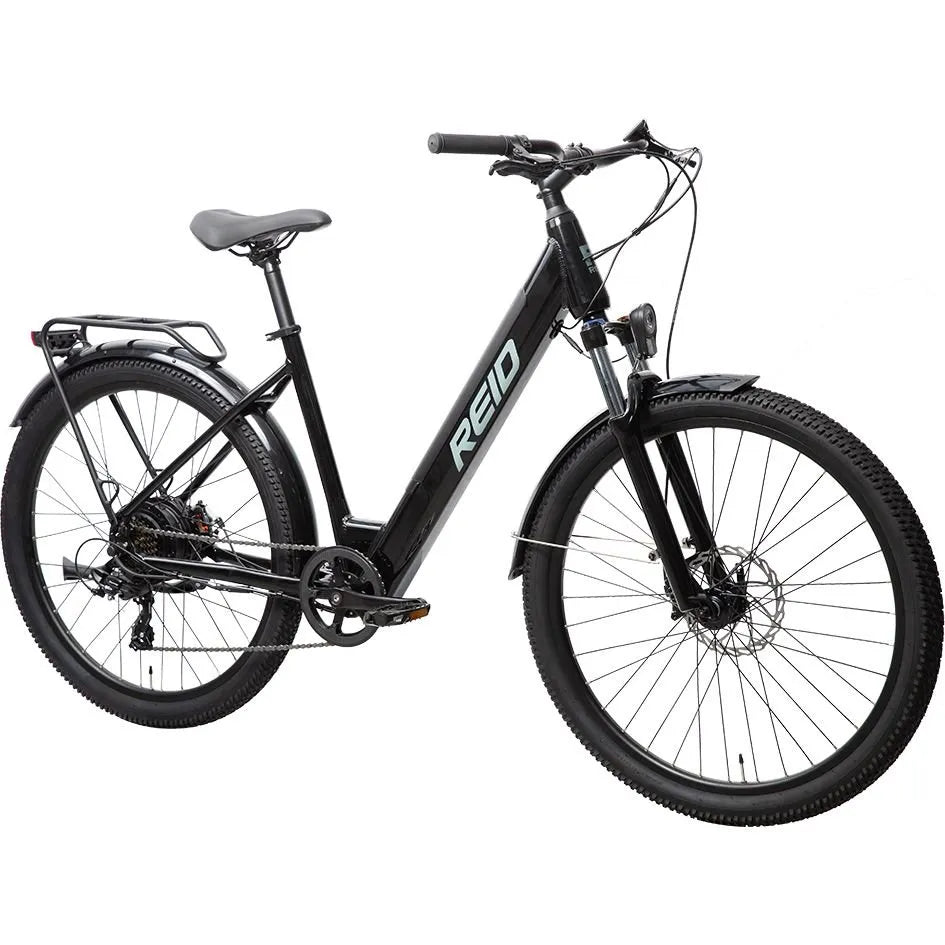 REID Quest 1.0 Electric City Bike Black 42cm Medium - 250W Hub Motor, Step-Through Frame & Suspension