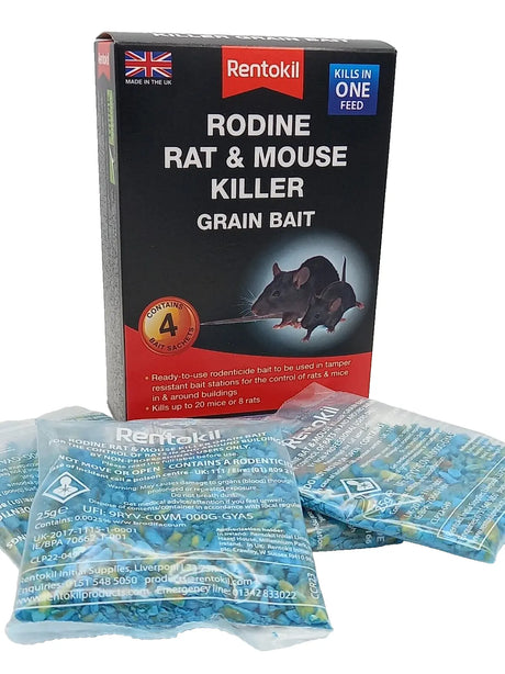 Rentokil Rodine Rat & Mouse Killer Grain Bait 4 Sachets - Fast and Effective Rodent Control