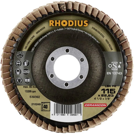 Rhodius 210249 LSK FK Flap Disc 115mm x 22.23mm | P40 Grit | Stainless Steel