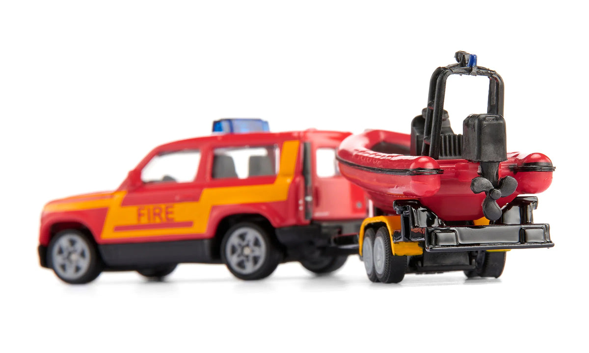 Siku 1:87 Land Rover Defender with Boat - Fire Rescue Model with Trailer and Motorboat