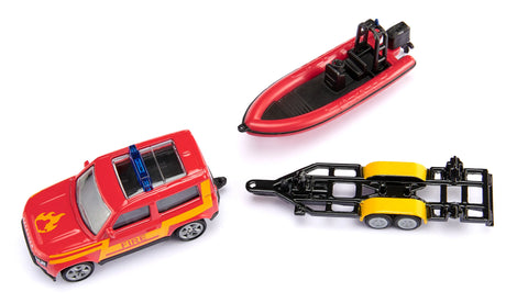 Siku 1:87 Land Rover Defender with Boat - Fire Rescue Model with Trailer and Motorboat