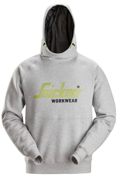 Snickers Logo Hoodie – Grey Melange, Comfortable High-Collar Hoodie with Kangaroo Pockets