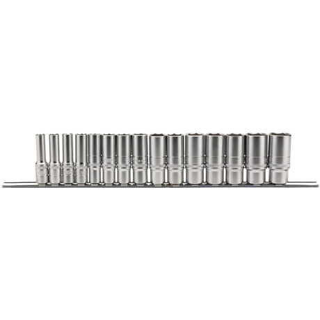 Metric Deep Socket Set on a Metal Rail, 3/8" Sq. Dr. (15 Piece)