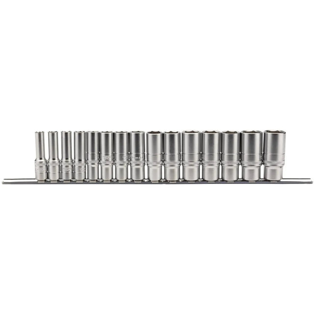Metric Deep Socket Set on a Metal Rail, 3/8" Sq. Dr. (15 Piece)
