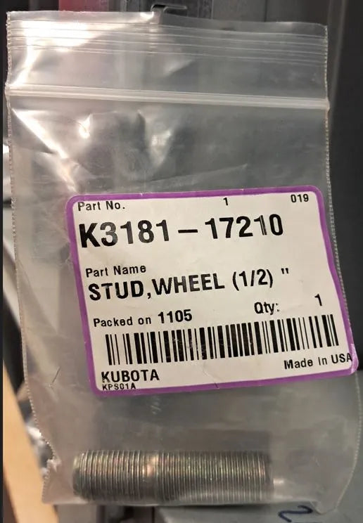 Kubota K3181-17210 Wheel Stud (1/2") | OEM Rear Wheel Stud for BX1860, BX2360, ZD326P, and More