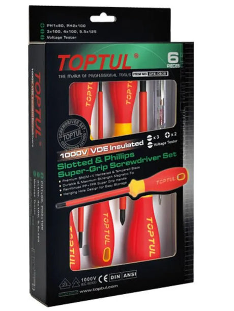 Toptul 6Pc VDE Insulated Screwdriver Set - Slotted & Phillips with Voltage Tester