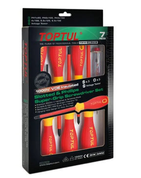 Toptul 7Pc VDE Insulated Screwdriver Set - Slotted & Phillips with Voltage Tester