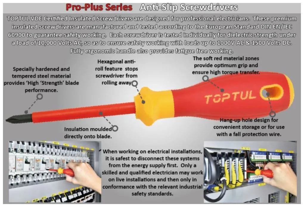 Toptul 7Pc VDE Insulated Screwdriver Set - Slotted & Phillips with Voltage Tester