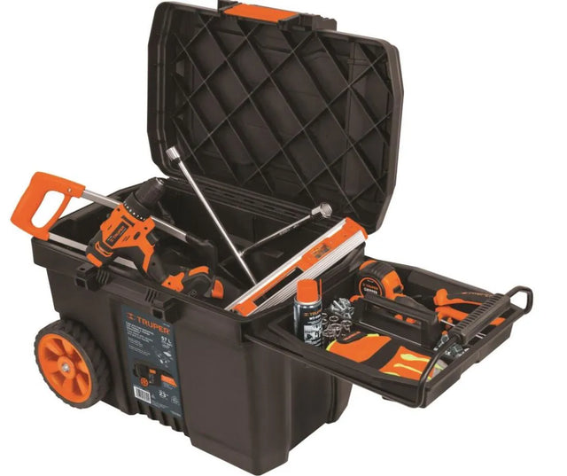 Truper 23" Plastic Tool Box with Wheels - Durable, Portable Tool Storage with Rolling Mobility