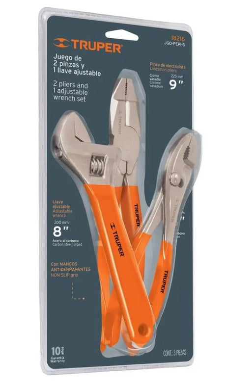 Truper 3-Piece Plier and Adjustable Wrench Set - Essential Hand Tool Set for Home and Professional Use