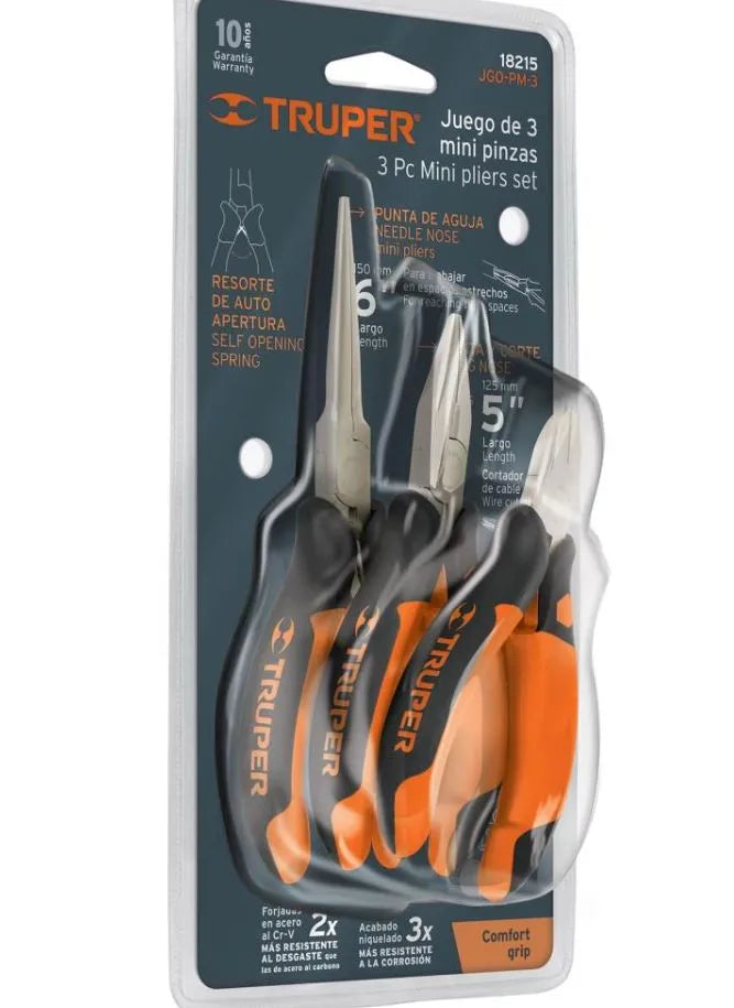 Truper Mini Plier Comfort Grip Set 3-Piece - Compact, Ergonomic Pliers for Precision Work
