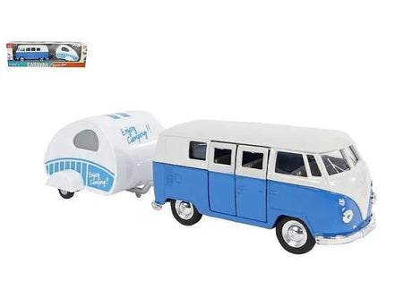 Welly 21cm Blue VW T1 1963 with Caravan | 1:34/39 Scale Die-Cast Model