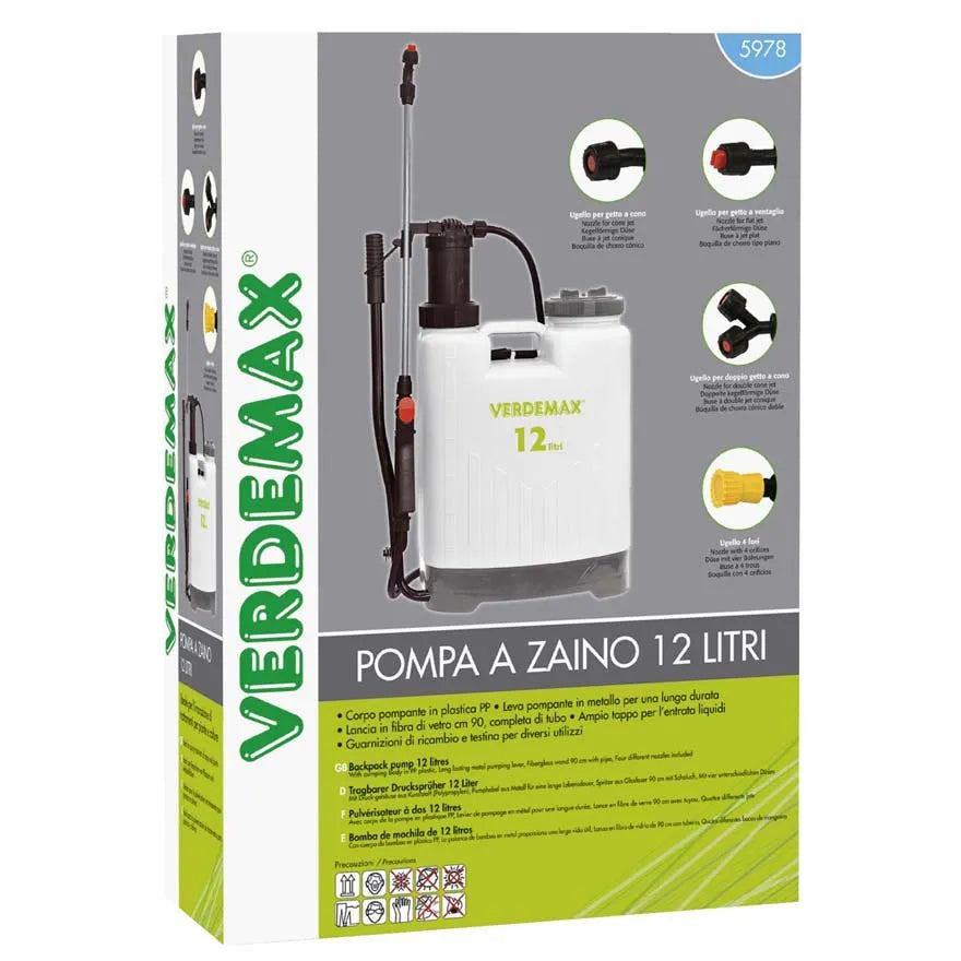 Verdemax 12L Mechanical Backpump Knapsack Sprayer | 4 Nozzles Included | 75cm Lance