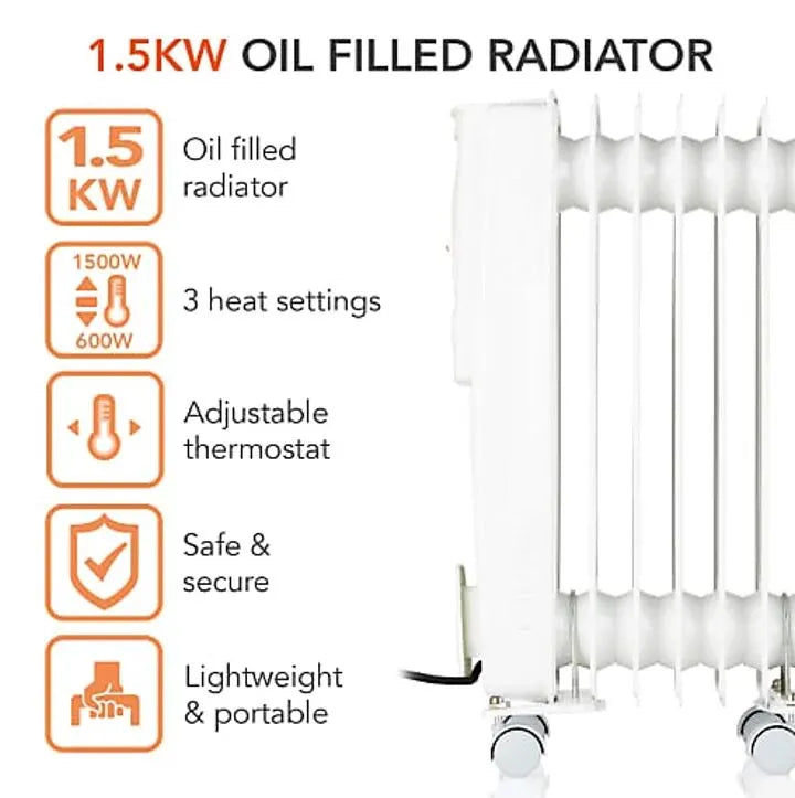 Warm Lite 1500W Oil Filled Radiator | Portable 7-Fin Heater with Adjustable Thermostat & Safety Features