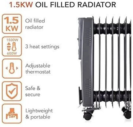 Warmlite 1.5KW Oil Filled Radiator - Dark Titanium | Portable, Energy-Efficient 7-Fin Heater with Adjustable Thermostat