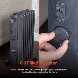 Warmlite 1.5KW Oil Filled Radiator - Dark Titanium | Portable, Energy-Efficient 7-Fin Heater with Adjustable Thermostat