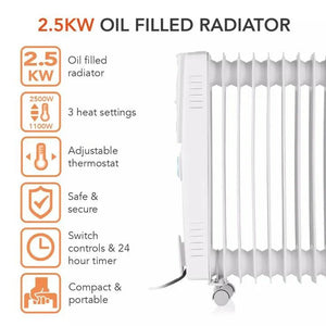 Warmlite 2.5kW Oil Filled Radiator with Timer - White WL43005 Electric Heater