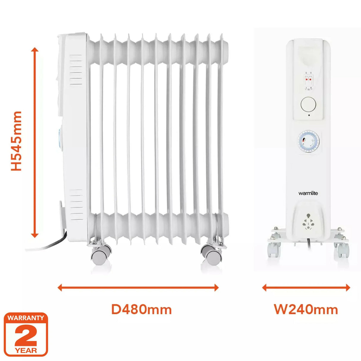 Warmlite 2.5kW Oil Filled Radiator with Timer - White WL43005 Electric Heater
