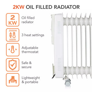 Warmlite 2kW Oil Filled Radiator - White BAR9102 | 9-Fin Portable Heater with Thermostat