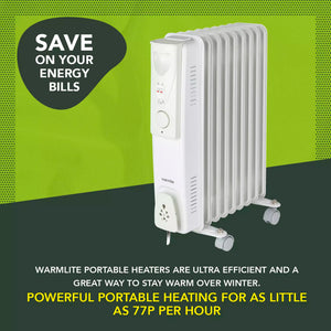 Warmlite 2kW Oil Filled Radiator - White BAR9102 | 9-Fin Portable Heater with Thermostat
