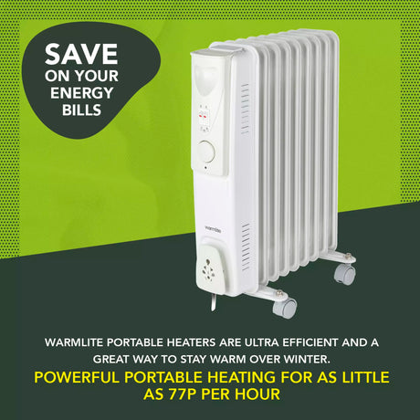 Warmlite 2kW Oil Filled Radiator - White BAR9102 | 9-Fin Portable Heater with Thermostat