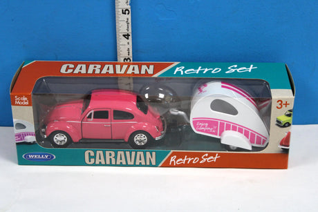 Welly Pink VW Beetle with Caravan | 21cm Die-Cast Model | Classic Collectible