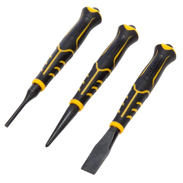 XTrade 3 Piece Chisel & Punch Set - Durable Chrome Vanadium Steel, Precision Machined Tips