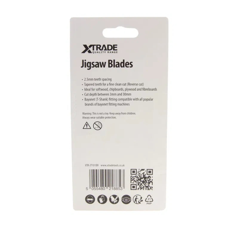 XTRADE JT101B Jigsaw Blade Wood (5 Pack) - 100mm CrV Blades for Clean, Precise Wood Cutting