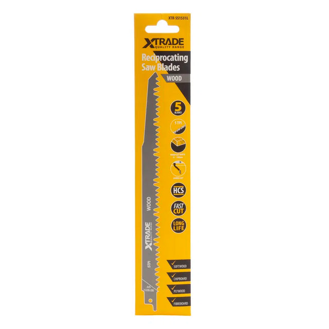 XTRADE SS1531L Recip Saw Blade Wood (5 Pack) - 240mm HCS Blades for Coarse Cutting