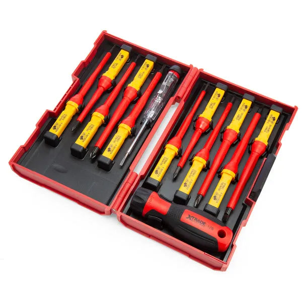 XTrade 13 Piece Interchangeable VDE Screwdriver Set - Insulated, Magnetic Tips, and Storage Case