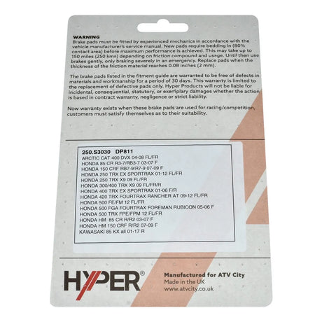 Hyper Front Brake Disc Pads for Honda TRX 250, 300, 400, 420, 500 Models