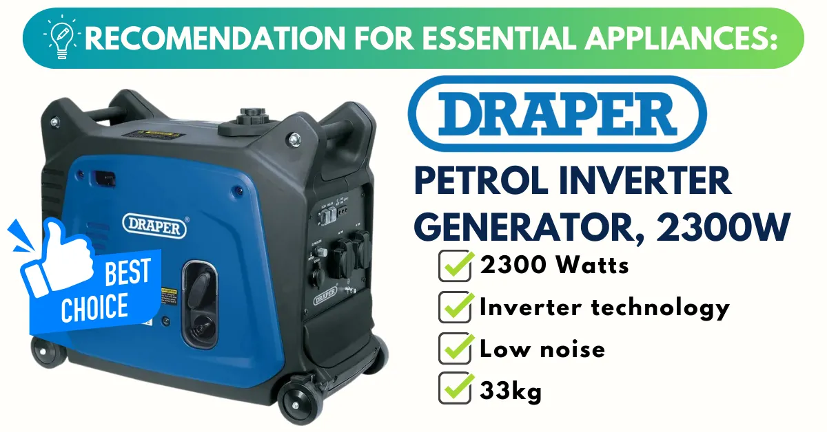For essential appliances: Draper Petrol Inverter Generator – 2300W