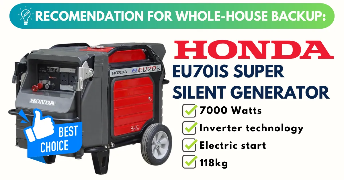 For whole-house backup: Honda EU70is 7KVA Generator